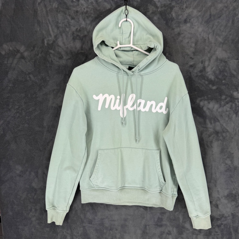 Mifland Mens Script Logo Hoodie‎ Sage Green Cotton Pullover Sweatshirt Size M